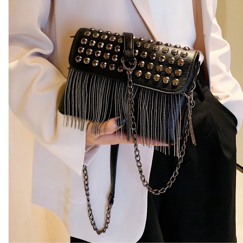 Luxe Vegan Leather Studded Tassel Shoulder Crossbody Bag